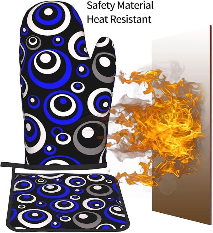 3 - Piece Blue Black White Retro Circular Oven Mitts & Pot Holders Sets, Modern Abstract Art Blue Oven Gloves Heat Resistant for Home Cooking Baking, Cooking, Kitchen Decor & Gift for Culinary Women