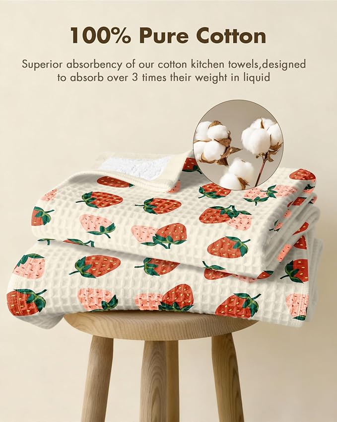 Miss Adola Cotton Waffle Kitchen Towels - Cute 370 GSM 16x25 Inch Terry Cloth Waffle Decorative Dishcloth for Kitchen Set of 2 with Hanging Loop Absorbent Hand Tea Towel for Home Design, Strawberry