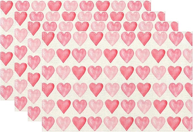 Valentine's Place mats Set of 4,12x18 Inches Valentine's Decor Pink Love Heart Placemats Rectangle Mother's Day Wedding Anniversary Decoration Table Mats for Party Home Kitchen Dining Table