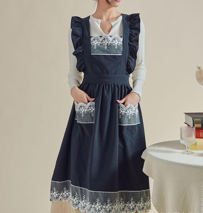 Aoomzoon Vintage Aprons for Women with Pockets Cute Lace Ruffle Adjustable Apron for Cooking Kitchen Baking Gardening