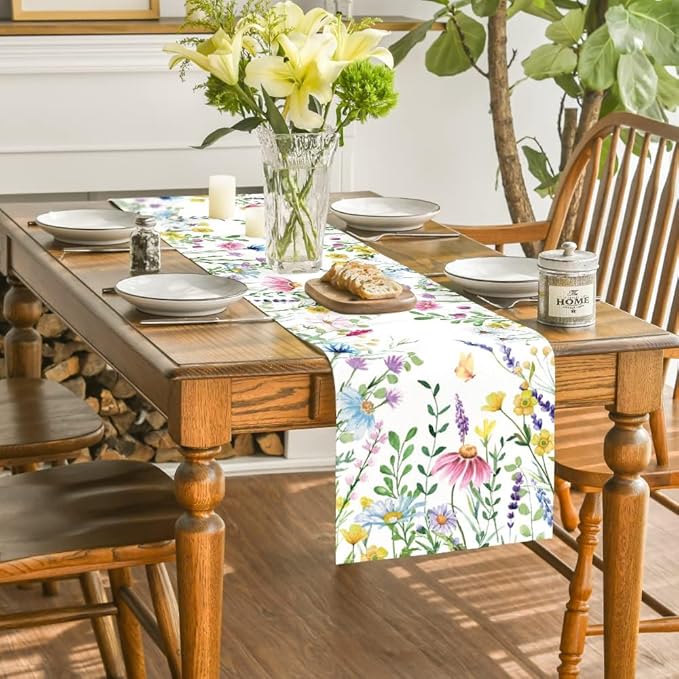 Artoid Mode Daisy Eucalyptus Lavender Floral Leaves Summer Table Runner, Spring Kitchen Dining Table Decoration for Home Party Decor 13x60 Inch