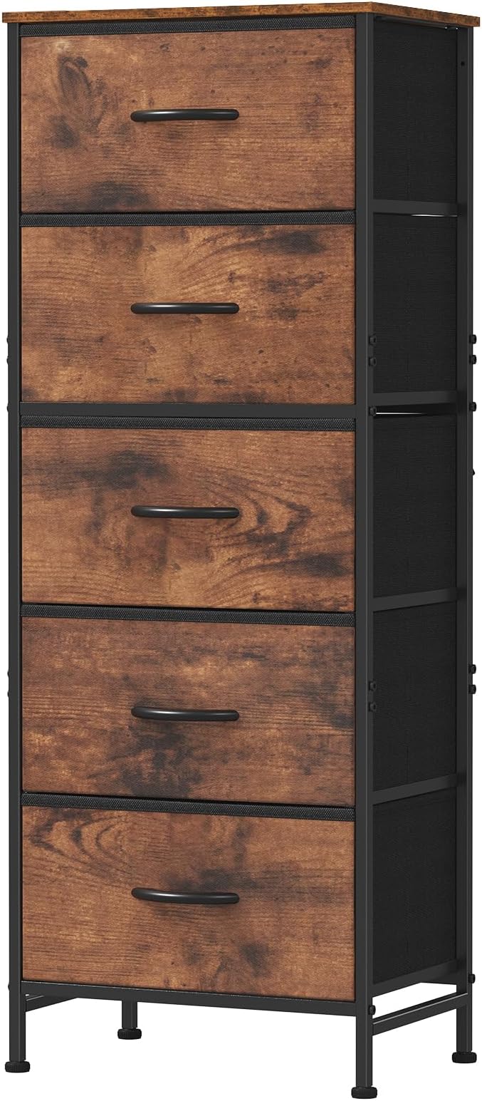 DUMOS Nightstand with 5 Drawers Bedside Table with Removable Fabric Bins Sturdy Steel Frame Wood Top Organizer Furniture for Bedroom Nursery Closet Living Room, Brown