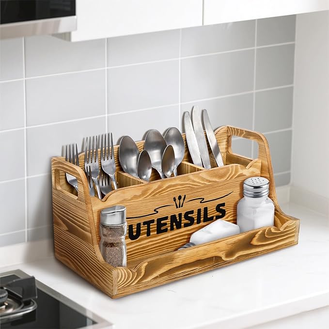Noamus 15" Kitchen Utensil Holder with Spice Bottles Tray, Extra Large Wood Countertop Utensil Organizer with Handles, 4 Compartment Cooking Tool Storage Caddy for Home Decor Gift