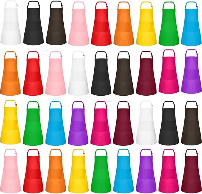 36 Pack Kids Apron bulk with 2 Pockets Adjustable Chef Art Apron Kids Painting Aprons for Cooking Baking Painting Crafting Grilling Activity（12 Color）
