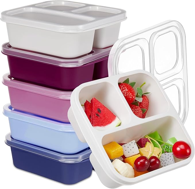 Honeydak 5 Pack Snack Containers 3 Compartment Bento Snack Boxes Divided Meal Prep Containers with Lids Reusable Adults Lunch Food Storage Box for School Work Travel(Elderberry)