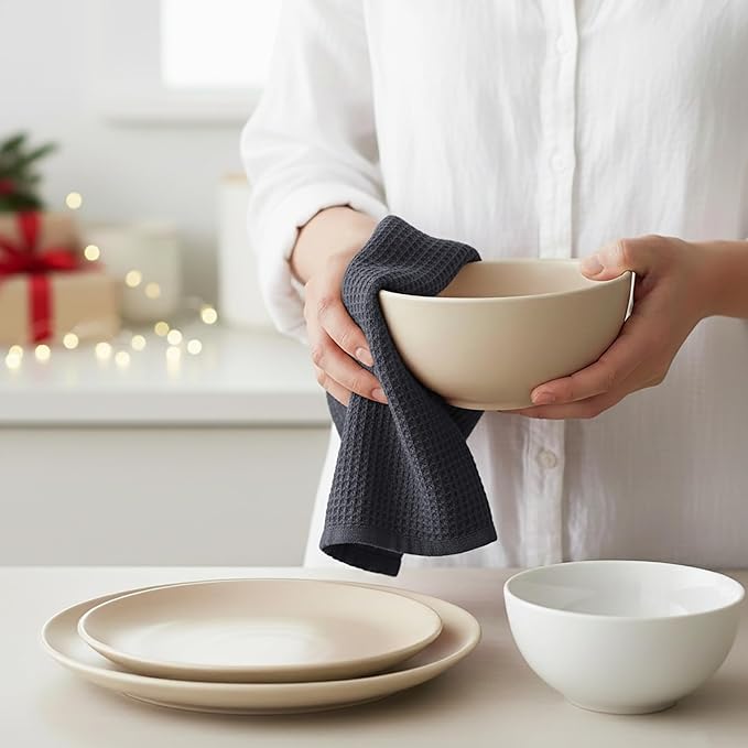 PurpleEssences Waffle Weave Kitchen Towel, 100% Cotton - 15x25 Inches with Hanging Loop, Ultra Soft Absorbent Quick Drying Dish Cloth, Tea and Hand Towels, 4 Pack - Spring Easter Summer - Dark Grey