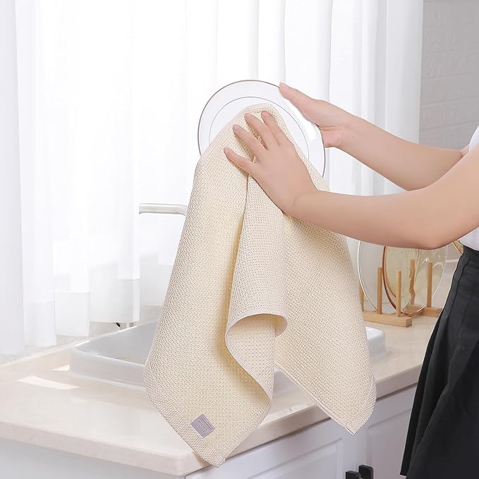 Homaxy 100% Cotton Waffle Weave Kitchen Towels, 3-Pack Ultra Soft Absorbent Dish Towels, Quick Drying Cleaning Towels, 13 x 28 Inches, Beige