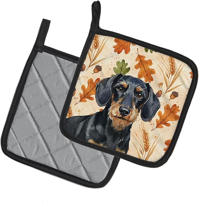 Caroline's Treasures Wirehaired Black and Tan Dachshund Heirloom Fall Pair of Pot Holders Pair 7.5x7.5 Quilted Insulated Hot Pads Decorative Kitchen Gift Made in USA
