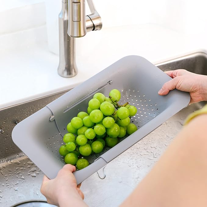 BLUE GINKGO Over the Sink Colander Strainer Basket - Wash Vegetables and Fruits, Drain Cooked Pasta and Dry Dishes - Extendable - New Home Kitchen Essentials (Grey, 2 Pack)