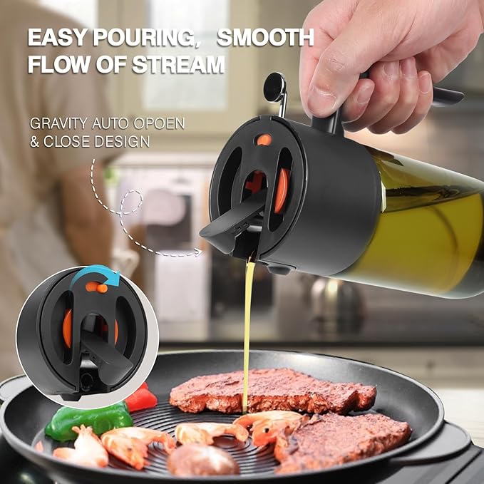 2-IN-1 500ml/17oz Light-Blocking Dark Oil Sprayer for Cooking with Sticker, Dark Green Glass Olive Oil Dispenser Bottle for Kitchen, Even Spray with Portion Control, Perfect for Air Fryer, BBQ - Black