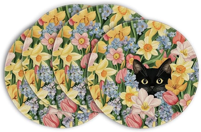 Artoid Mode Tulip Flowers Cat Round Spring Placemats Set of 4, 14 Inch Summer Round Table Mats for Dining Decoration