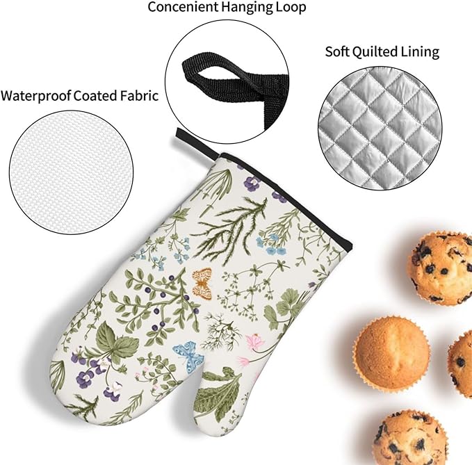 Vintage Floral Oven Mitts and Pot Holders Sets of 3 Cute Botanic Hot Pads Herbs and Wild Flowers Oven Gloves Heat Resistant Washable for Kitchen Cooking Grilling Baking