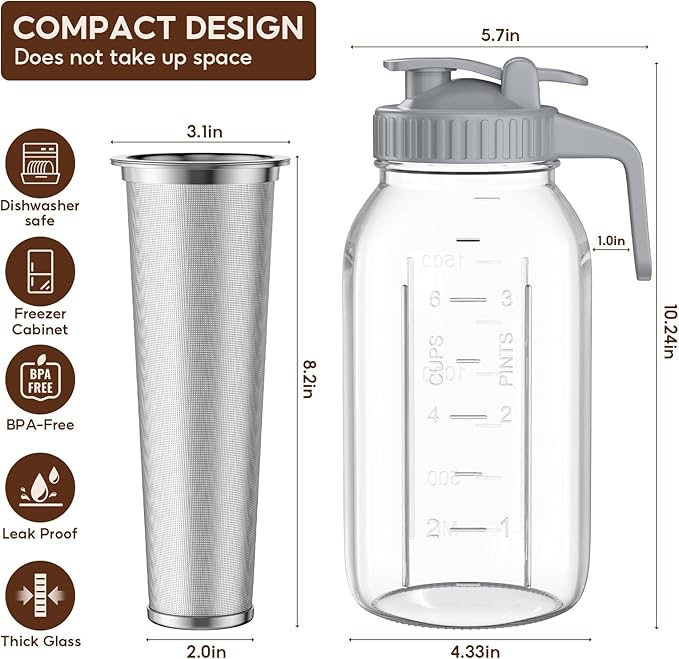2 Pack 64 oz Cold Brew Coffee Maker Jar - Glass Cold Brew Maker with Handle, Stainless Steel Filter&Leak-Proof Lid, Heavy Duty Cold Brew Pitcher for Iced Coffee, Tea, and Milk (2 Quart / 1.9 Liter)
