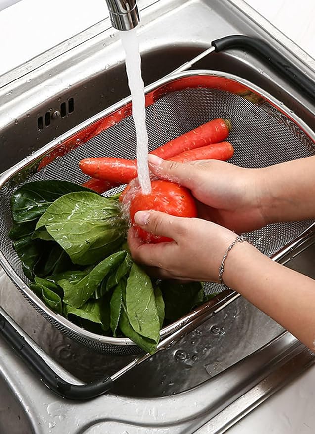 Fine Mesh Colander Over The Sink 6 Quart Stainless Steel Strainer Basket & Expandable Rubber Grip Handles - Strain, Drain, Rinse Fruits, Vegetables