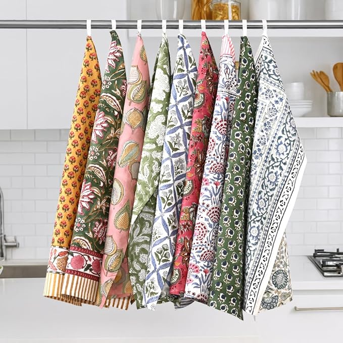 Ridhi Mix Hand Block Print Cotton Kitchen Towel Set of 12-16 x28 Ultra Absorbent Quick Dry 100% Cotton Dish Towels Lightweight Reusable Sustainable Tea Towels for Cleaning and Drying
