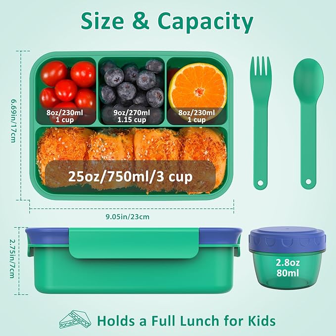 Caperci Bento Box for Kids - 50oz Larger Lunch Box Containers for Kids, Reinforced Leakproof, Built-in Sauce Cup, Utensils, 4 Compartments, BPA-Free Microwave & Dishwasher Safe (Navy/Green)