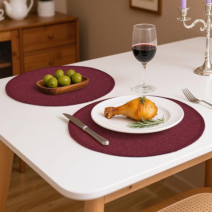 Round Placemats Set of 6, 15 Inch Linen Fabric Table Placemats, Heat Resistant, Wrinkle Free Washable Placemats Kitchen Place Mats Set of 6 for Dining Table Party Table (Wine Red, 6)