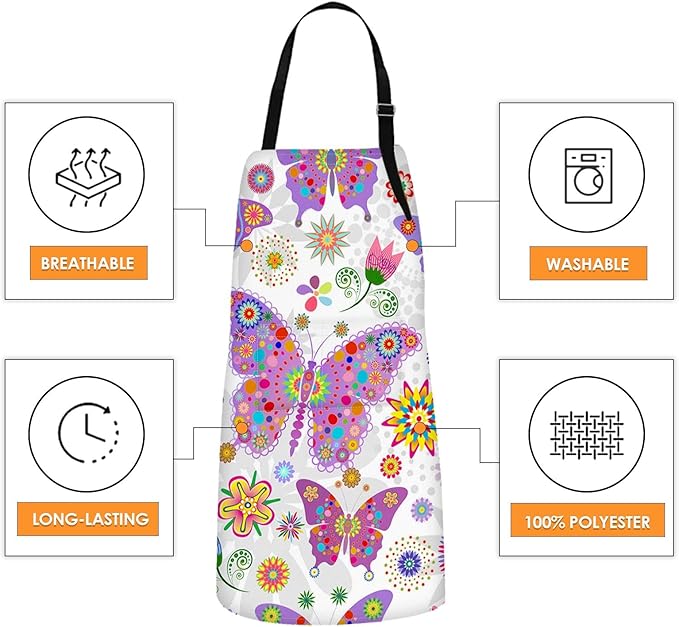 Britimes Butterfly Apron Floral Colorful Butterflies Flowers Aprons Kitchen Cooking Gardening for Women With Pockets