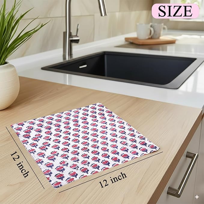 CPC Pink Sapphire Hand Block Printed Cotton Waffle Dish Cloth Set of 6-12x12 Inch Super Absorbent, Soft, Reusable Kitchen Towels for Dish Drying & Cleaning Ideal for Spring, Mother's Day