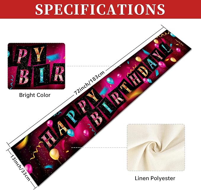 Happy Birthday Table Runner 13x72 Inch Colorful Birthday Balloon Ribbon Farmhouse Polyester Linen Table Decoration for Kitchen Dinning, Indoor Outdoor Home Dinner Party (Brilliant)
