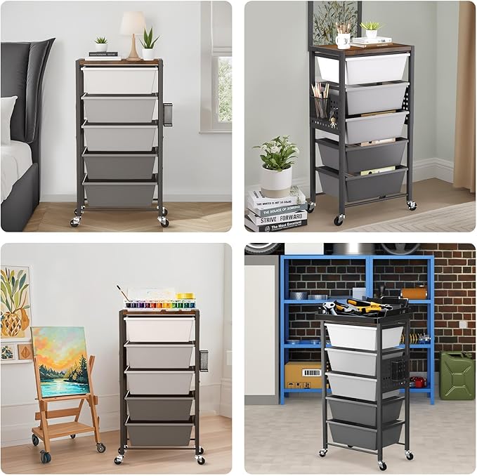 Rolling Cart with 5 Drawers, Plastic Drawer Storage Carts with Wheels & Wooden Tabletop, Metal Utility Cart with Pegboards, Office Living Room Classroom Craft Organization and Storage, Dark Grey