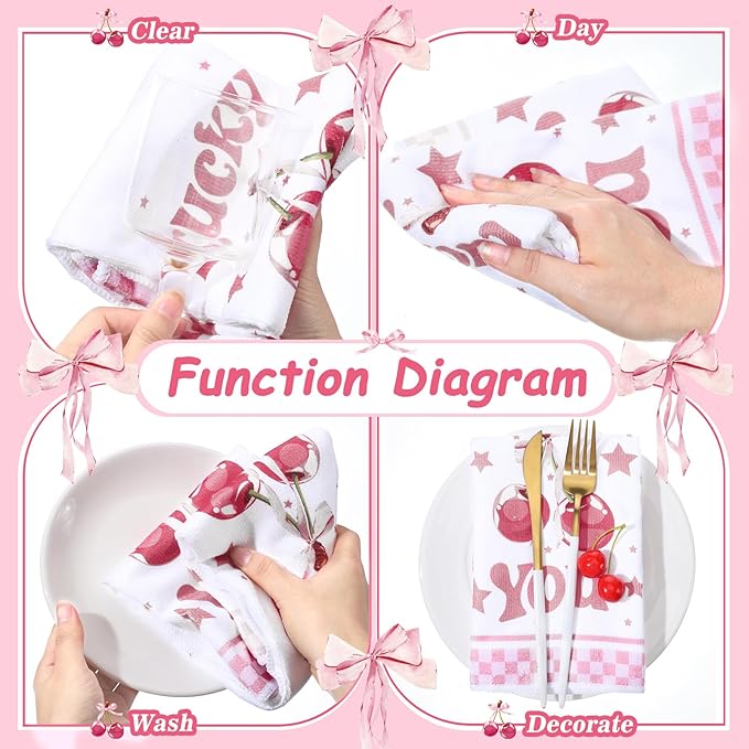 Oudain 6 Pieces Pink Coquette Kitchen Dish Towel Bow Cherry Aesthetic Hand Towels Set for Kitchen Bathroom Decoration Preppy Novelty Pink Gifts for Women