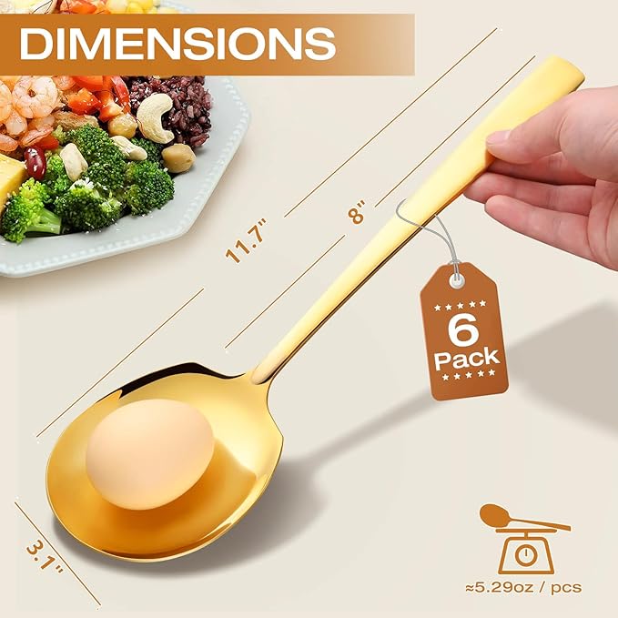 Extra Large Serving Spoons Set 11.7-Inch Gold Serving Utensils 18/8 Stainless Steel Big Metal Spoons for Buffet, Parties, Catering, Banquet - Dishwasher Safe (6-Pack, Gold)
