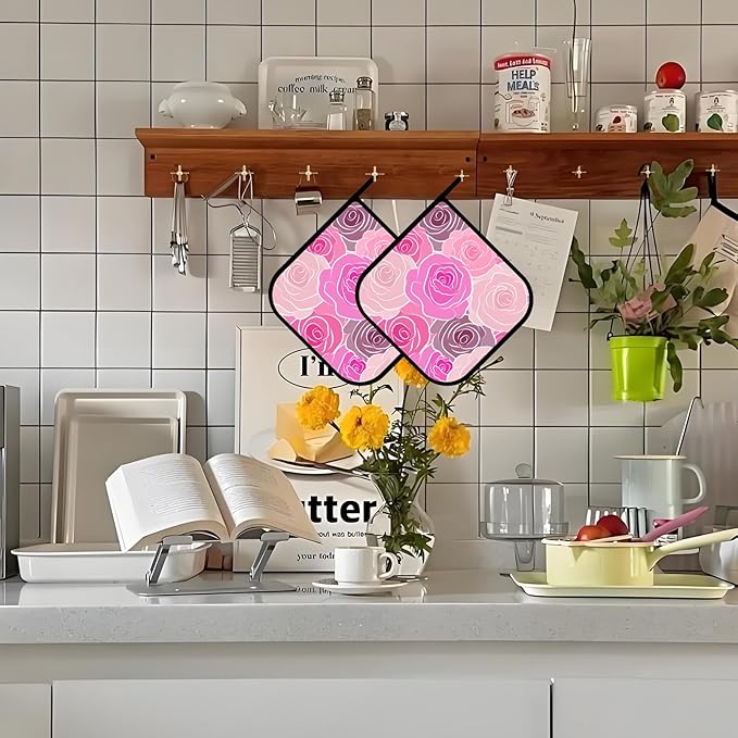 Pink Gold Rose Floral Pot Holders Set of 2,Kitchen Heat Resistant Potholder for BBQ Cooking Baking,Food Hot Pad for Women Men