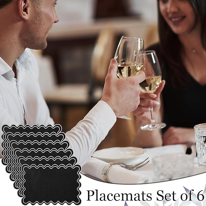 HunnmingRe Set of 6 Cotton Linen Placemats, 13x19 Inch Scalloped Wavy Embroidery Placemat Double Layered Washable Rustic Rectangle Dinner Table Mats for Wedding Home Decor(Black with White)