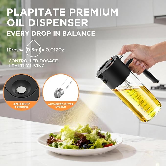 PLAPITATE 2Pcs 17oz Premium Olive Oil Sprayer for Cooking, 2 in 1 Glass Olive Oil Dispenser Bottle for Kitchen Gadgets, Spray Bottle with Portion Control for Salad, Frying, BBQ (2 Black)