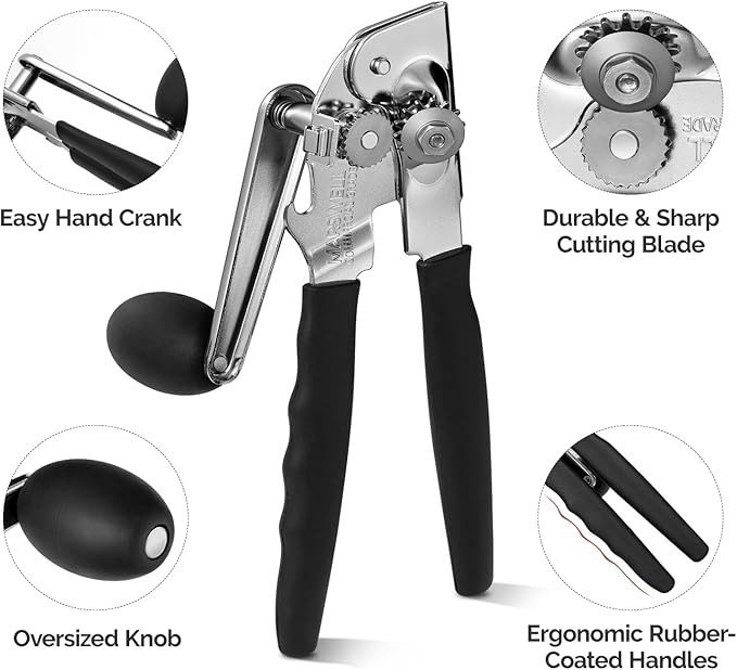 MARSWELL Heavy Duty Can Opener for Large Cans, Extra-Long Handles & Oversized Knob for Easy Cranking, Commercial Manual Hand Crank Opener Opens Big #10 Cans Smoothly, Strong All-Steel Construction