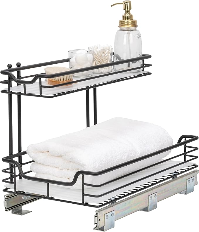 Household Essentials Glidez Powder-Coated Steel 2-Tier Pull-Out/Slide-Out Storage Organizer with Plastic Liners, 12.25" Wide, Black