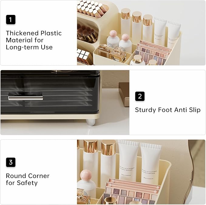 Makeup Organizer for Vanity with Brush Holder, Large Plastic Bathroom Countertop Skincare Organizer with 2 Drawers, Spacious Cosmetic Display Case for Perfumes, Eyeshadow Palettes, Nail Polishes