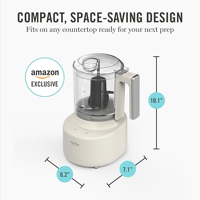 Martha Stewart 3 Cup Food Processor, Electric Vegetable Chopper, Stainless Steel Blades, 24oz BPA-Free Bowl, Pour Spout, Dicing, Mincing, Chop & Puree, Dishwasher Safe, Oil Chute, Easy-Clean, Linen