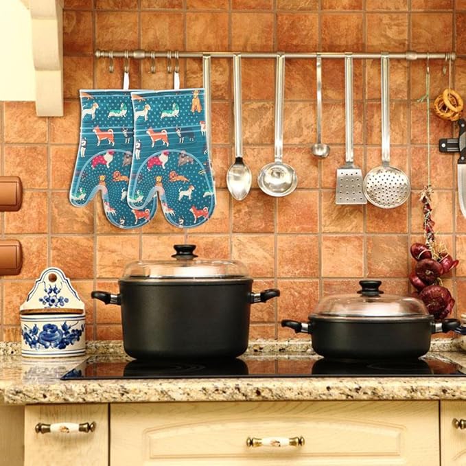 Oven Mitts Set of 2 with Transparent Clear Silicone Shell and Nice Dog Printing Cotton Lining, Heat Resistant to 500 F Kitchen Oven Gloves Pot Holder for Cooking (Blue)
