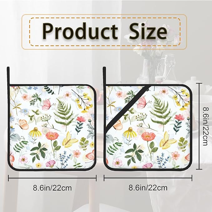Wildflowers Butterfly Herbs Pot Holder Set of 2,Heat Resistant Potholders Oven Hot Pads for Kitchen Cooking Baking BBQ