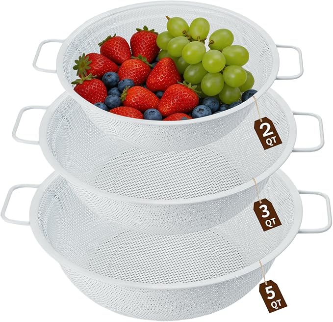 Colander Set with White Coating, Stainless Steel Micro-Perforated Colanders Strainers for Draining Rinsing Washing, Ideal for Vegetables Fruits, Heavy Duty & Dishwasher Safe