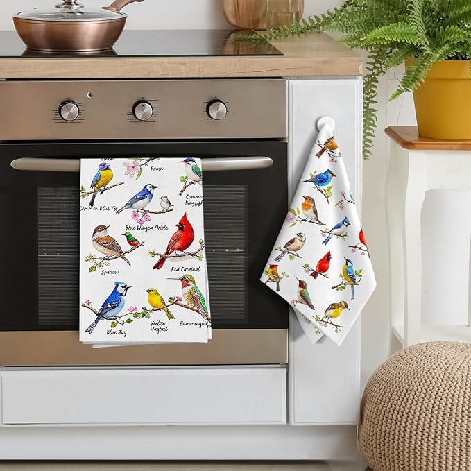 Birds on Branch Kitchen Towels Decorative Set of 4, Absorbent Cardinal Hummingbird Dish Towels for Cooking Baking, Bird Gifts for Bird Lovers Women, Hand & Tea Towel for Kitchen Bar Christmas Decor