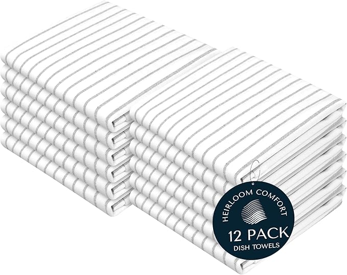 Ash Grey Striped Dish Towels 12 Pack, Ultra Absorbent, Classic Stripe Towel Set, Quick Dry Cotton Kitchen Towels for Cleaning Counters, Drying Dishes, Everyday Cleanup