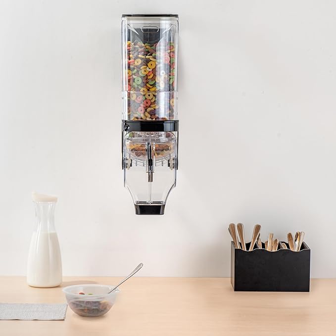 Restaurantware Cereal Dispenser 3.5 gal Plastic Wall-Mounted Gravity Bin Candy Dispenser Self-Serve Black Dry Food with Wall Mount Brackets for Breakfast Buffet or Hotel Use