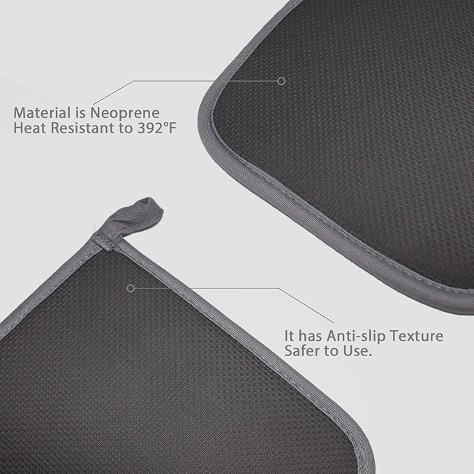 2Pcs Cotton and Neoprene Oven Pads Pot Holders with Pocket 8"x8.5" Dual-Function Hot Pad Set for Finger Hand Wrist Protection Heat Resistant to 428°F,Gray