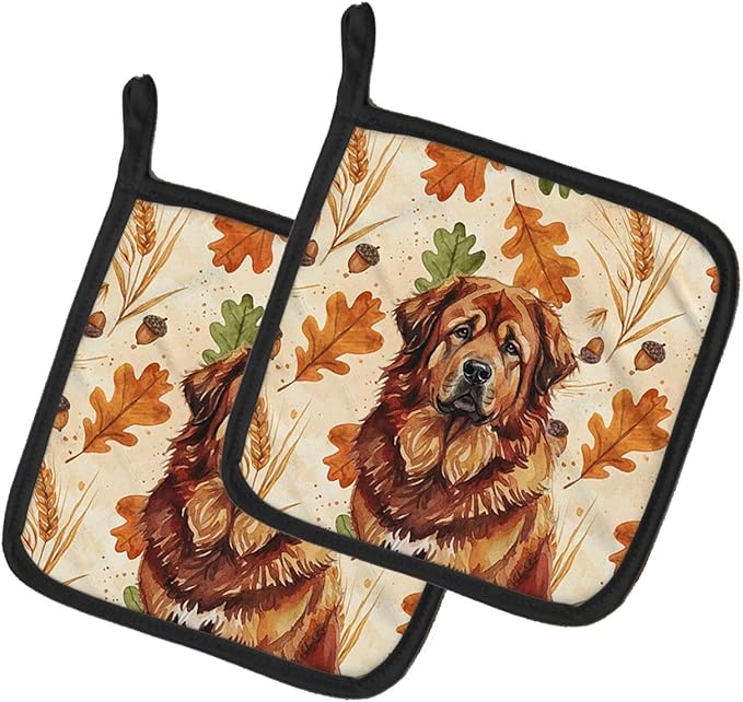 Caroline's Treasures Red Gold Tibetan Mastiff Heirloom Fall Pair of Pot Holders Pair 7.5x7.5 Quilted Insulated Hot Pads Decorative Kitchen Gift Made in USA