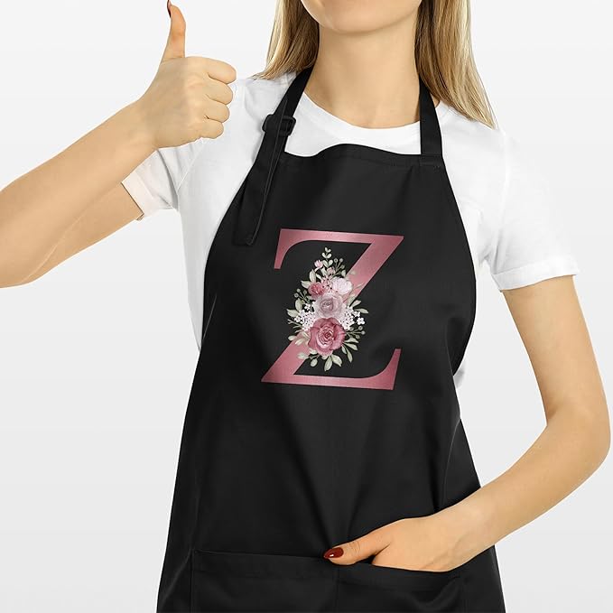 ROKO CLOTHING Personalized Initials Apron with Pockets Custom Kitchen Aprons Women for Baking Cooking Adjustable Neck Waist