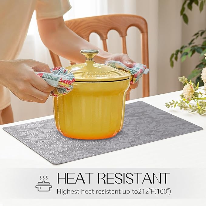 Romanstile Vinyl Placemats Set of 8-12 X 17 Inch - Heat Resistant Non-Slip Embossed Floral Place Mats 100% Waterproof Oilproof Wipeable Faux Leather Table Mats for Kitchen/Dining/Party, Grey