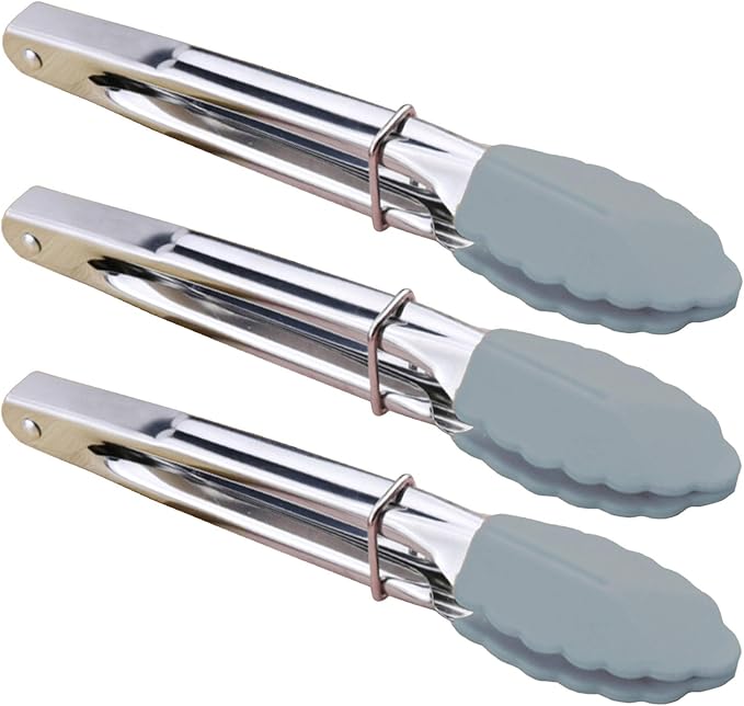 HINMAY Silicone Utility Tong Kitchen Tongs 7 Inch Metal Salad Tongs, Set of 3 (Gray)