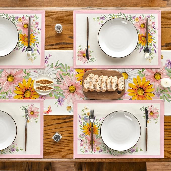 Artoid Mode Pink Sunflowers Butterfly Spring Placemats Set of 4, 12x18 Inch Seasonal Summer Holiday Table Mats for Party Kitchen Dining Decoration
