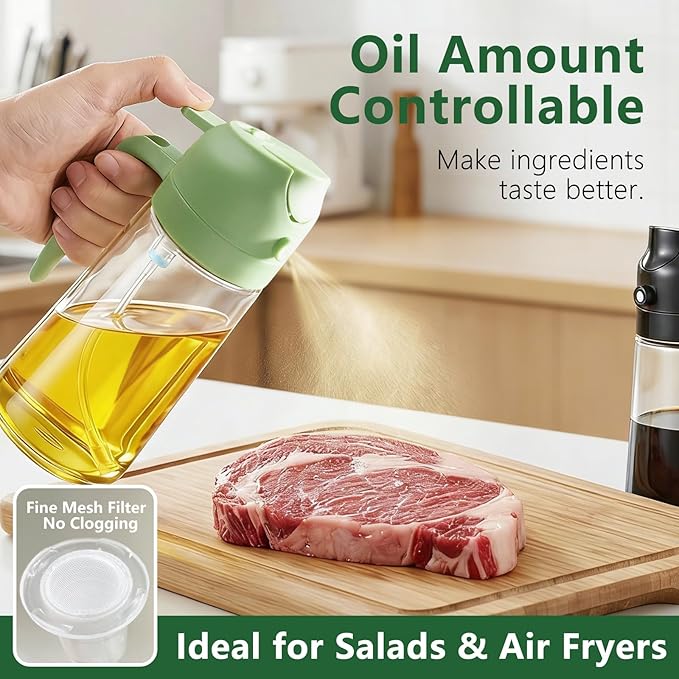 Oil Sprayer for Cooking, 2-in-1 Oil Mister & Dispenser Bottle for Air Fryer, Salad, BBQ, Kitchen Gadgets Accessories, 2 Pack