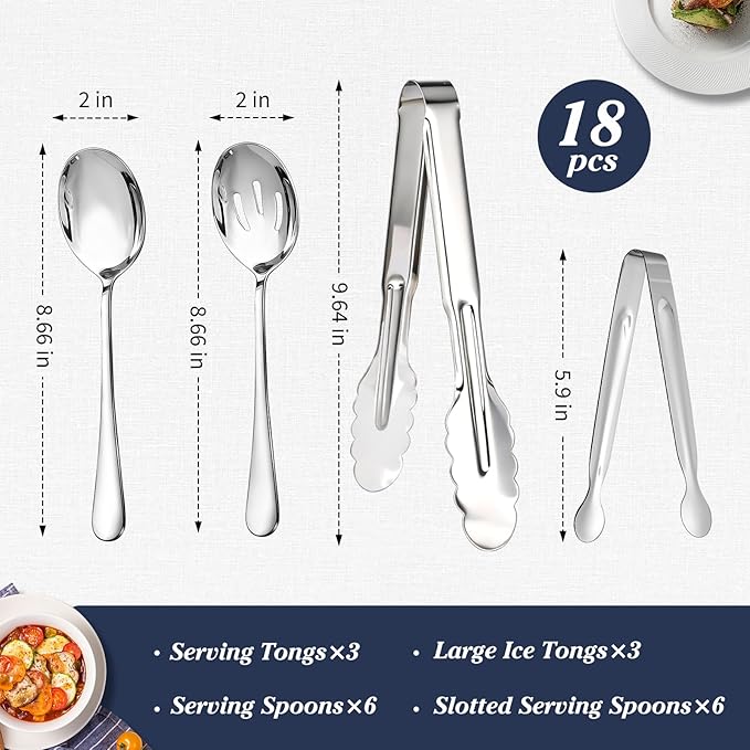 Mwellewm 18Pcs Serving Utensils, Serving Spoons for Buffet, Serving Tongs for Food, Large Slotted Spoons, Stainless Steel Banquet Cutlery Set for Parties Weeding Birthday Entertaining Catering(Silver)