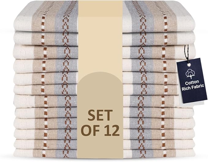 LFH Home Cotton Rich Cloth Salsa Napkin Set of 12 Washable Soft Durable Striped Table Napkins for Dining Wedding Daily Use Reusable Eco-Friendly Fabric Napkins (18x18)-Cream Multi Thanks Giving