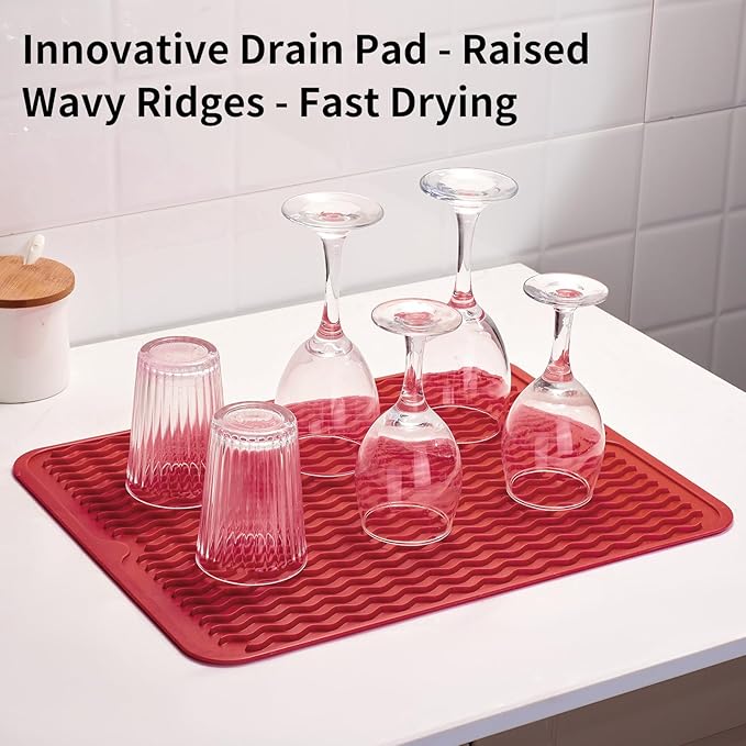 ZLR Silicone Dish Drying Mat & Heat Resistant Trivet (12" x 16") - Waterproof Counter Protector for Air Fryer, Coffee Maker - Non-Slip, BPA Free Kitchen Pad, Easy Clean Dishwasher Safe (Lava Red)